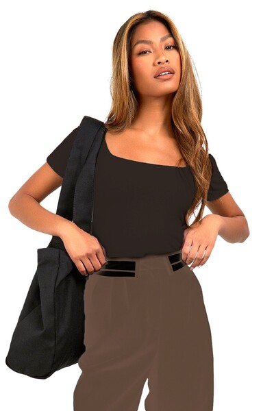 Rooted Γυναικείο σκούρο καφέ, κοντομάνικο βαθύ μπαστούνι, μπλουζάκι και μπλούζα με στρογγυλή λαιμόκοψη