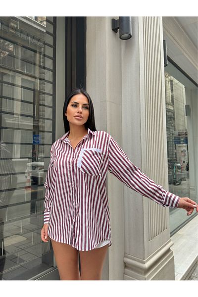 Fav Style Cămașă de damă cu mânecă lungă din popelin cu dungi Bordeaux