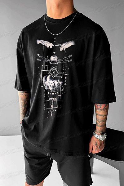 Millionaire Ανδρικό μαύρο μπλουζάκι Oversize Fit Da Vinci Science T-καλό