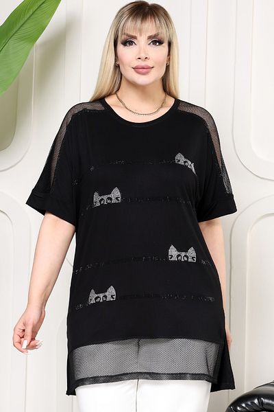 Kheos Round Neck Short Sleeve Shoulder and Hem Tulle Cat Stone Printed Side Slit Draped Comfortable Blouse