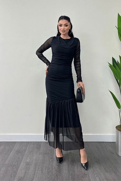 giyimmasalı Tulle Fabric Gather Detailed Pencil Dress - Black