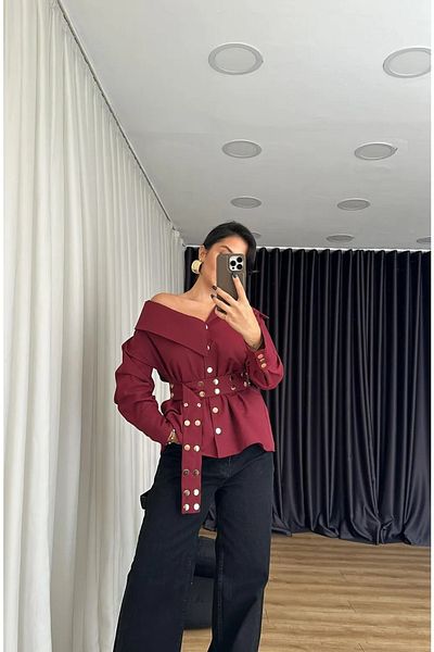 Stil Sepeti Cămașă de damă Burgundy Diana Design cu curea cu împânzire cu guler asimetric KD- 10007015