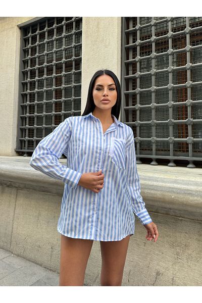 Fav Style Cămașă cu mânecă lungă în dungi pentru femei din popelin albastru