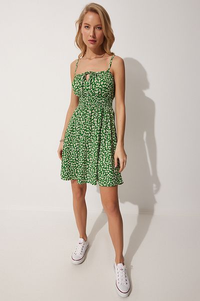 Lovelyİstanbul Floral Strap Summer Mini Knitted Dress Green Lff0029