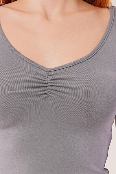 HobiDünyasıElif melfxxl Μπλούζα με φαρδύ γιακά γκρι Basic Body