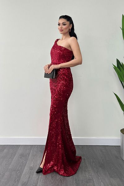 giyimmasalı Velvet Sequin One Sleeve Evening Dress - Red