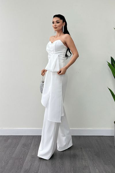 giyimmasalı Atlas Fabric Satin Detailed Strapless Evening Dress Jumpsuit - White