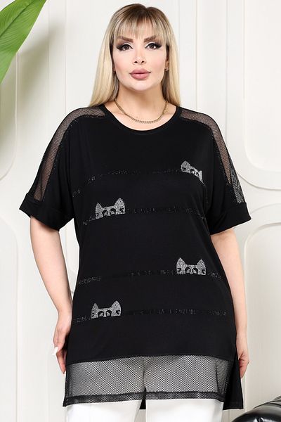 Kheos Round Neck Short Sleeve Shoulder and Hem Tulle Cat Stone Printed Side Slit Draped Comfortable Blouse