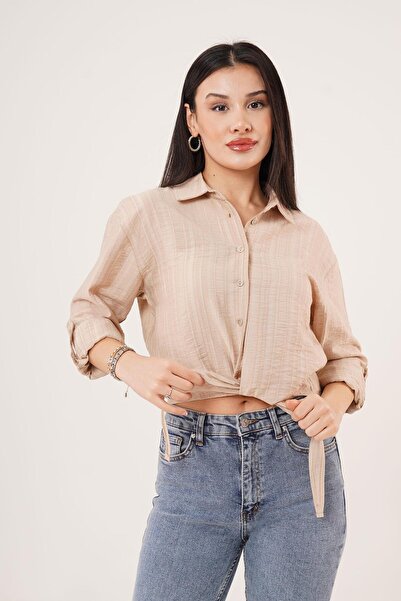 Hipo Trend Къса риза с райета и вратовръзка в камилов цвят