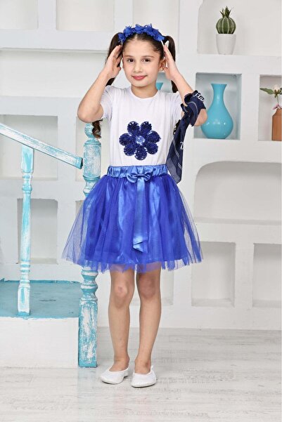 nacar çarşı تي شيرت بناتي منقوش عليه زهور باللون الأزرق من ساكس تنورة توتو زر...