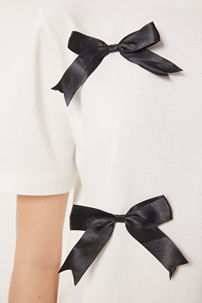 Lovelyİstanbul Cotton Knitted T-Shirt Bow Ecru Lcr0028