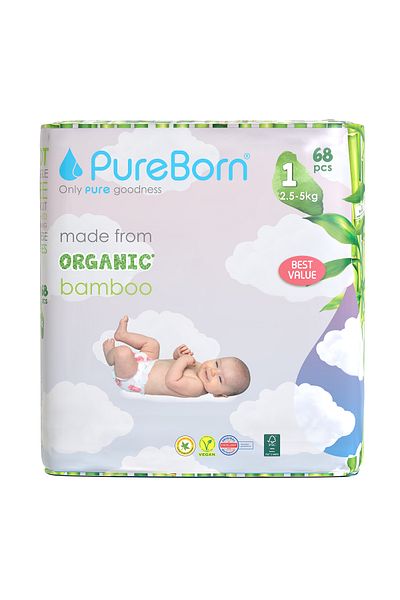 PUREBORN Organic Diapers Size 1 For Upto 5Kg Value Pack 68pcs with Assorted  Print