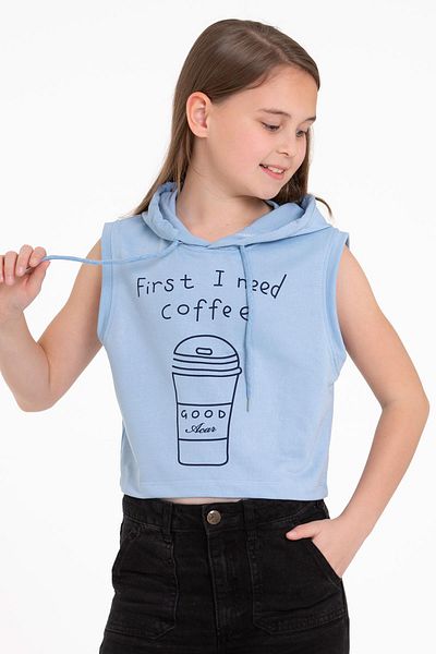 zepkids Hanorac pentru fetiță, cu glugă, cu mânecă zero, cu imprimeu cafea, culoare albastră