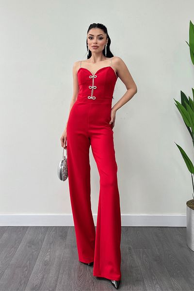 giyimmasalı Red Atlas Fabric Bow Detailed Evening Dress Jumpsuit