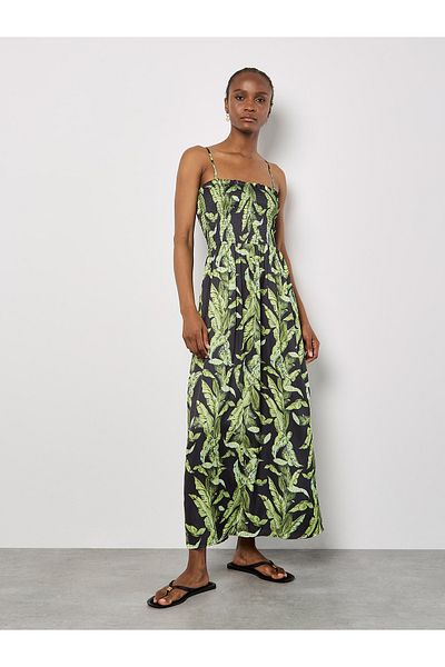 Apricot Tropisches Blatt Satin Maxikleid