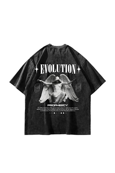 Sokak Butik Tricou oversize unisex, negru, lavabil, imprimat pe spate Evolution