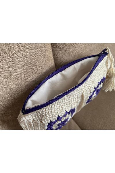 Afilli Purple Lilac White Embossed Flower Design Zipper Hand Knitted Card Holder Phone Case Wallet Small Purse