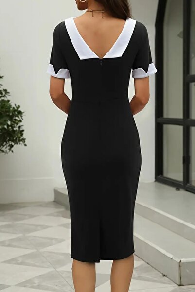 Deafox Black Women's Short Sleeve Boat Neck Imported Crepe Dress with Back Neck