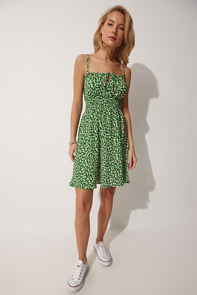 Lovelyİstanbul Floral Strap Summer Mini Knitted Dress Green Lff0029