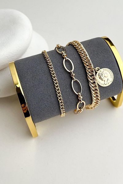 Modex Gold Color Coin Detailed Triple Chain Bracelet (17+5cm)