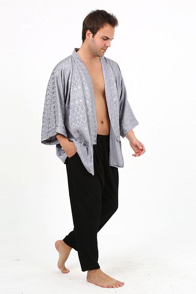 PALMMAMA Men's Bohemian Scandinavian Pattern Loose Smoke Color Belted Cotton Satin Kimono