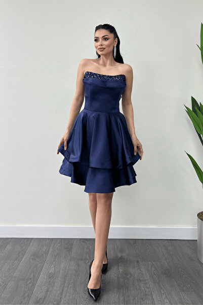 giyimmasalı Rochie mini fără bretele din țesătură din satin cu detaliu din paiete - ALBASTRU ÎNCHIS