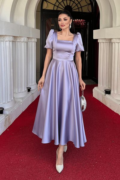 giyimmasalı Satin Fabric Square Neck Balloon Sleeve Midi Dress - Lila