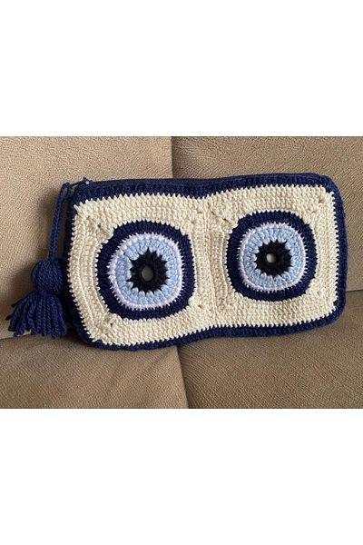 Afilli Albastru Alb Culoare Evil Eye Cu margele Relief Design Floral Fermoar Tricotat manual Husa pentru telefon Geanta portofel