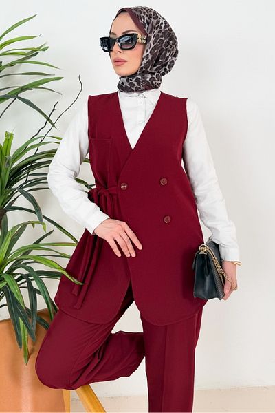 Bestenur Tual Γιλέκο και Παντελόνι Σετ δύο τεμαχίων 1395 - Claret Red