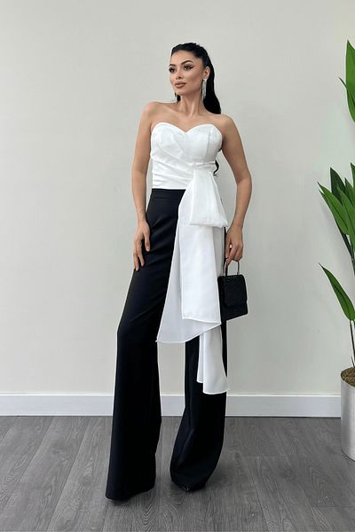 giyimmasalı Atlas Fabric Satin Detailed Strapless Evening Dress Jumpsuit - White/Black