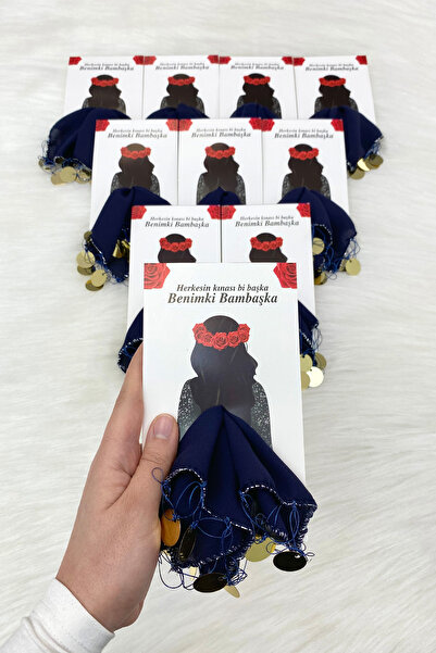 ZEYMERADE Lacivert Gold Şifon Kartlı Hediyelik Halay Mendili 1 Adet, Gelin Da...