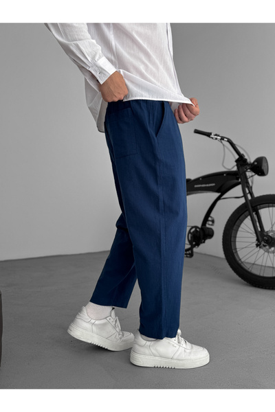 BYBASICMAN Lacivert Bol Kalıp Keten Pantolon JJ-181