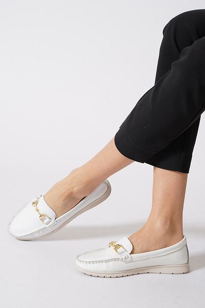 Moda Pie Piele albă Taorga Saddler Cataramă Balerini damă din piele naturală
