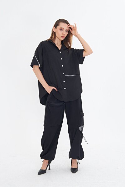 LAMANTE FERMUAR DETAYLI SİYAH GÖMLEK