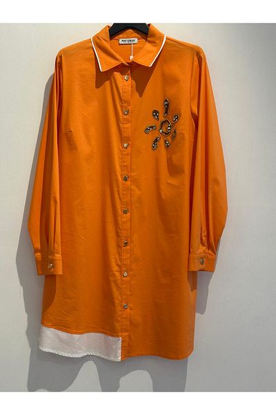 FUAT GÜRSEN Bead Embroidered Shirt Collar Button Closure Large Size Tunic
