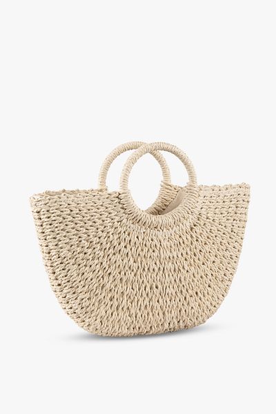 LOVENTA Μεγάλη λουράκι Half Moon Straw Bag Beige Eshe