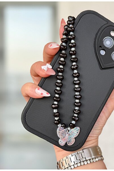 MİRAZ TASARIM MİRAZTASARISİYAH İNCİLİ SALLANAN KELEBEK AKSESUARLI TELEFON CHARMI TELEFON ASKISI TELEFON İPİ