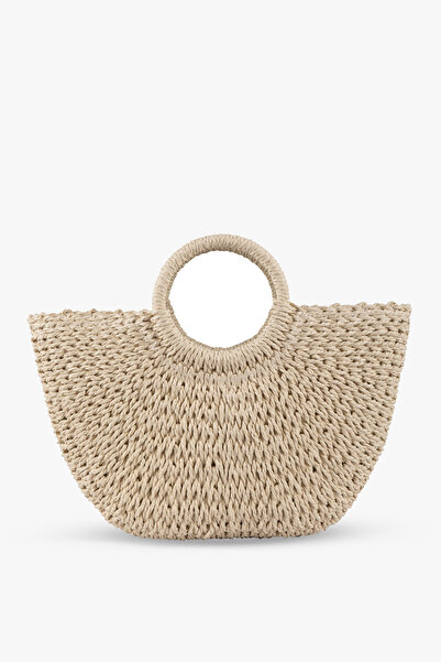 LOVENTA Μεγάλη λουράκι Half Moon Straw Bag Beige Eshe