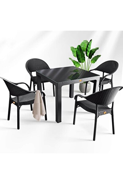 nar sokağı Bambu Siyah 90x90 Cm Camlı Rattan Bahçe Balkon Masa Takımı