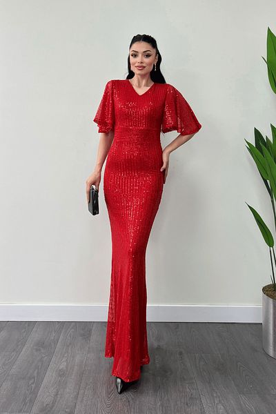 giyimmasalı Red Puff Sequin Fabric V-Neck Abiye Dress