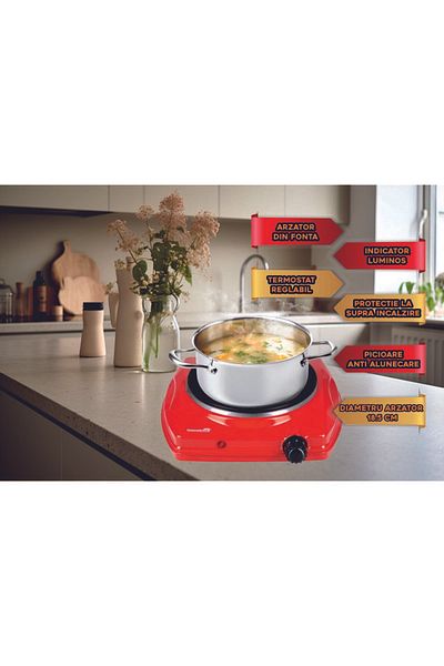 Hausberg Plita electrica HB-519RS, Rosu, 1 arzator, Putere 1500W, Termostat