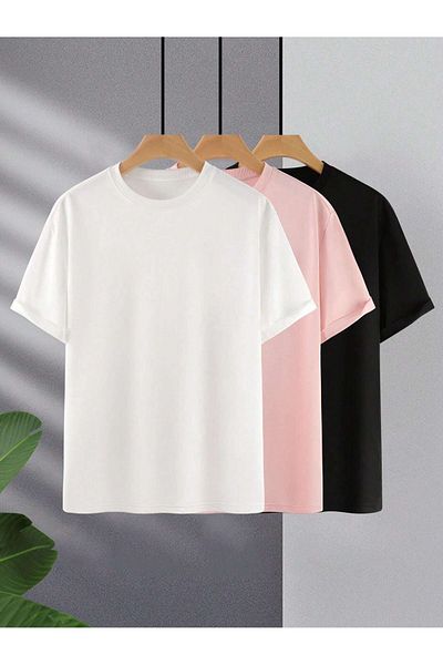 Josette Unisex White Pink Black Set of 3 Loose Cut Crew Neck Oversize T-Shirt
