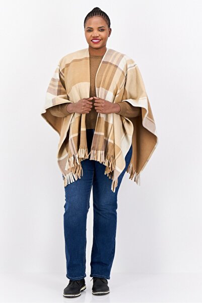 London Fog Women Checkered Poncho With Fringes, Tan