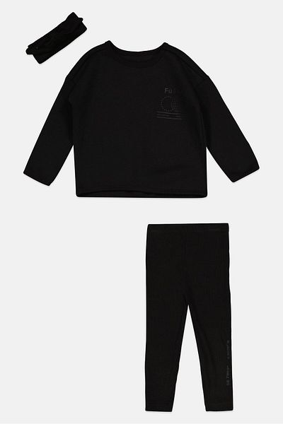 Fudo Toddlers Girl 3 Pcs Brand Logo Sweatshirts And Leggings, Head Band Sets, Black