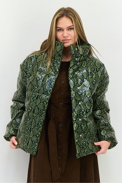 collusion Women Snakeskin Print Puffer Jacket, Green