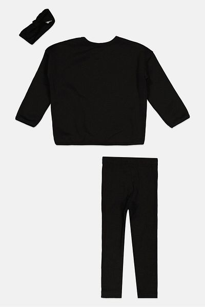 Fudo Toddlers Girl 3 Pcs Brand Logo Sweatshirt And Pants With Head Band Set, Black