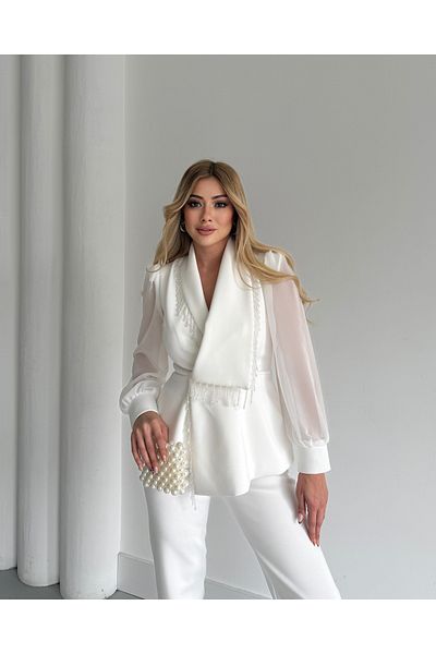 1Moda1Tarz Women's Imported Fabric Pleated Pearl Embroidered Sleeve Button Detailed Lined Special Design Bottom-Top Set