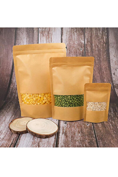 Dekals 500 Adet 13x22,5 Toptan Gıda Uyumlu Kilitli Kraft Pencereli Doypack Poşet Çok Amaçlı A Kalite