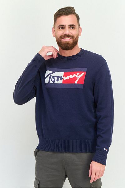 Tommy Jeans Men Crew Neck Brand Logo Sweater, Navy