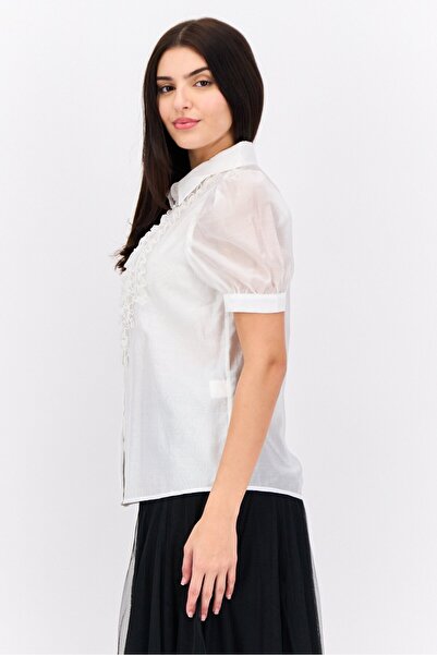 Steve Madden Women Spread Collar Short Sleeves Ruffle Shirt, White